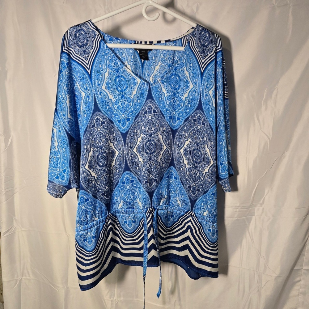 Lane Bryant Blue Paisley Medallion Drawstring Waist boho indie Blouse Top 14/16